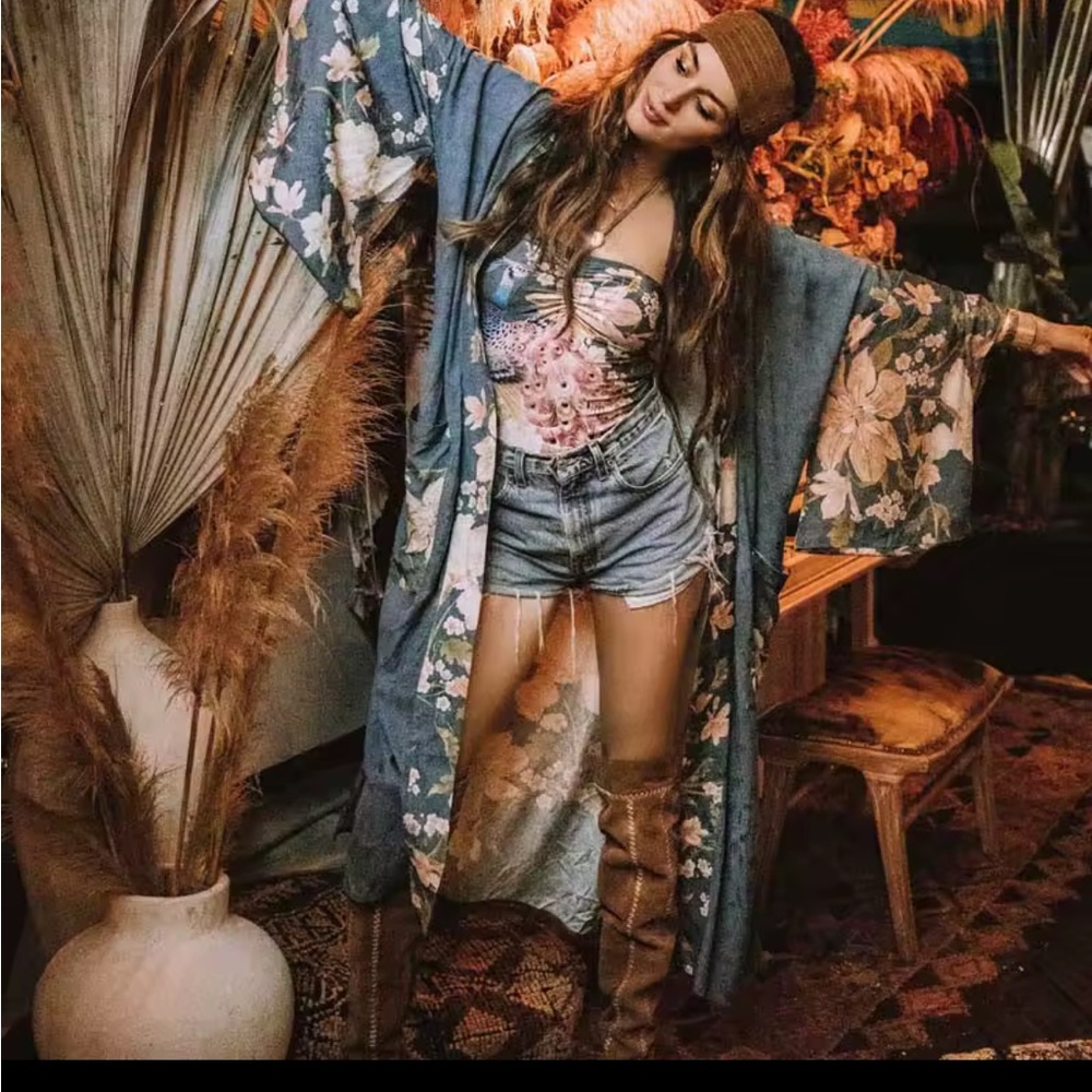 Bohemian kimono peacock cardigan pocket top blue